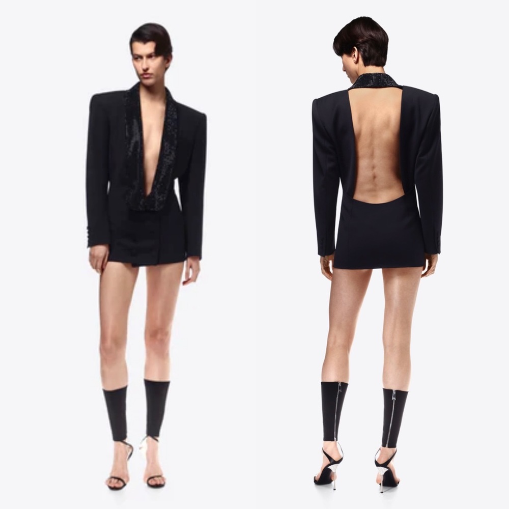 ❌SOLD❌AREA Crystal Embellished Virgin Wool Tuxedo Dress in Black, Size 2, NWT - Picture 3 of 17